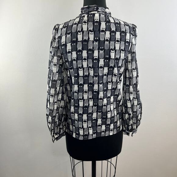 MILLY Black Gray Owl Print Silk Blouse Button-Up Tie-Neck Long Sleeves Stretch 4 - Picture 5 of 9